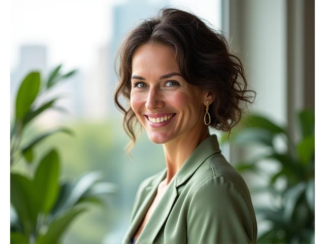 Verdant Bloom Collective founder smiling, surrounded by a subtle green glow, symbolizing growth and health.