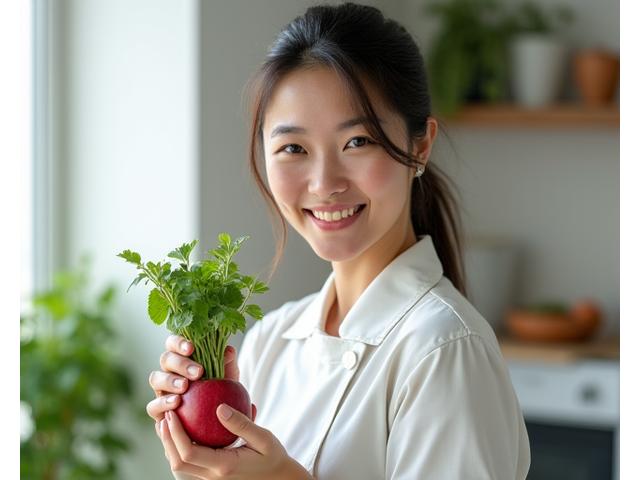 Sophia Chen, Registered Dietitian, holding fresh produce.
