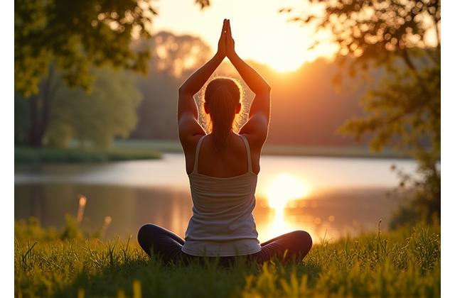 A person stretching gracefully in a serene park at sunrise, evoking fitness and movement.