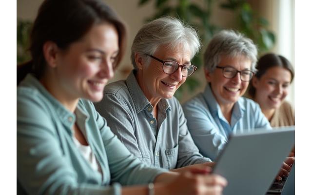 Diverse group of adults smiling, engaged in a virtual community discussion, symbolizing connection and support.