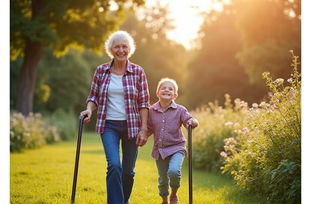 A vibrant older adult enjoying an outdoor activity with a grandchild, emphasizing healthy aging and vitality.