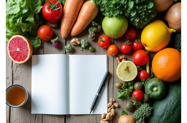 Fresh, vibrant fruits and vegetables arranged artfully, symbolizing nutrition discussions.