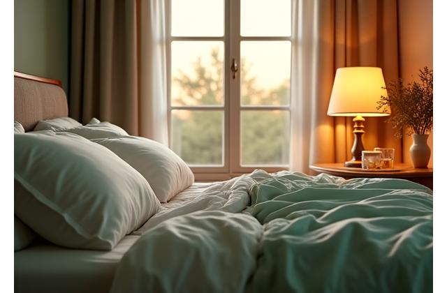 A cozy, inviting bedroom scene with soft lighting, symbolizing peaceful sleep.