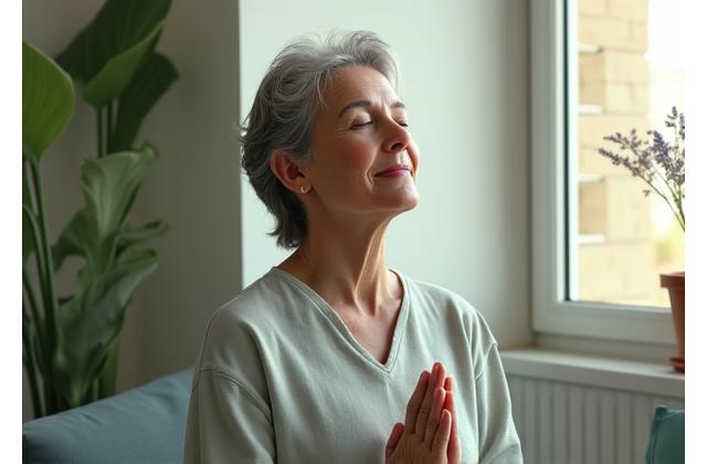 A calm person meditating with soft, diffused light, representing stress management and mental health support.