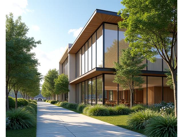 Exterior of a modern, inviting office building in Atlanta with lush greenery, providing a sense of calm and professionalism.