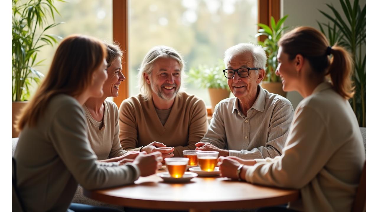A diverse group of adults engaging in a comfortable, supportive conversation, perhaps over herbal tea, symbolizing connection and community. Soft, natural lighting.