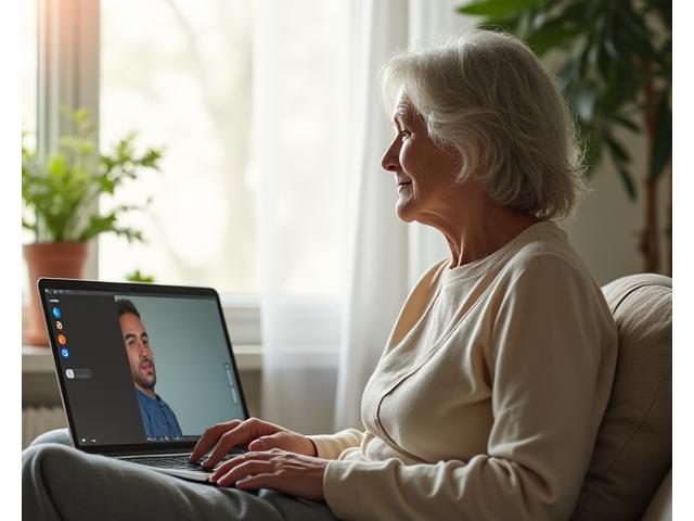 A person comfortably engaging in a mental wellness video call on a laptop from a bright, uncluttered home office, emphasizing ease and accessibility.