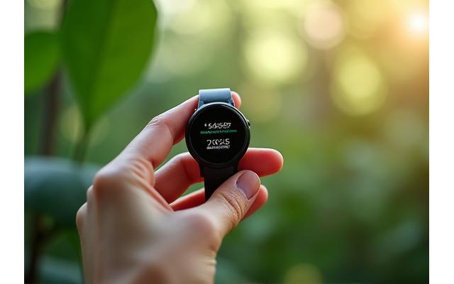 Close-up of a hand holding a modern health tracker surrounded by natural elements and a serene backdrop.
