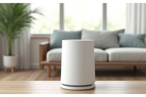 A sleek, minimalist air purifier operating in a clean, modern living space.