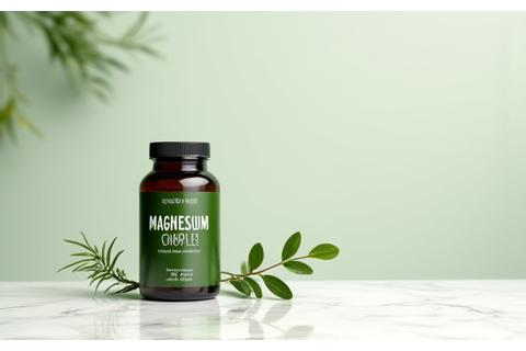 A bottle of magnesium supplement on a minimalist marble surface with a green leaf.