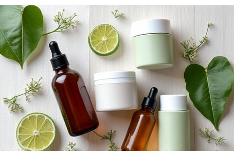 An array of natural, ethically sourced skincare products elegantly displayed on a wooden surface.