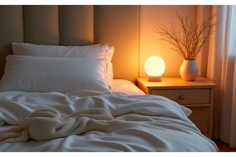 A serene bedroom setting with a comfortable bed, soft lighting, and devices designed for relaxation and sleep.