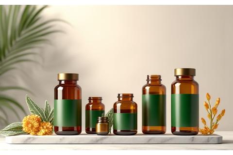 Assortment of neatly arranged glass bottles of premium nutritional supplements with botanical accents.