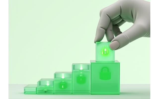 Illustration of a hand placing a building block of trust into a structure, symbolizing transparency and integrity.