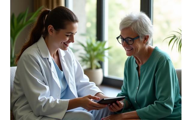 Healthcare professional guiding a client through a health assessment questionnaire on a tablet