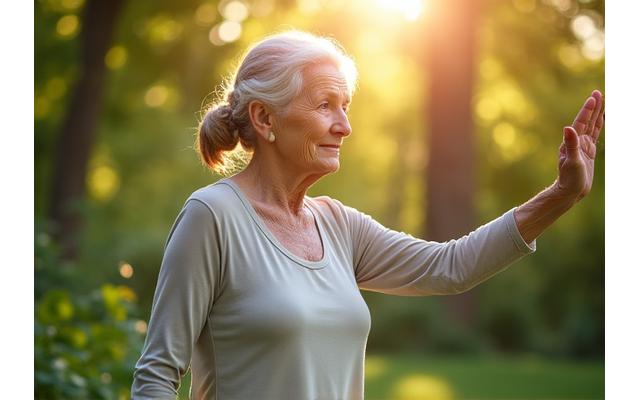 Active senior woman doing gentle yoga in a bright, natural setting