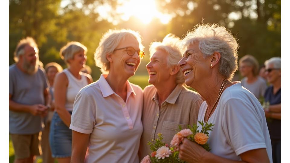 Diverse group of active, happy adults laughing outdoors