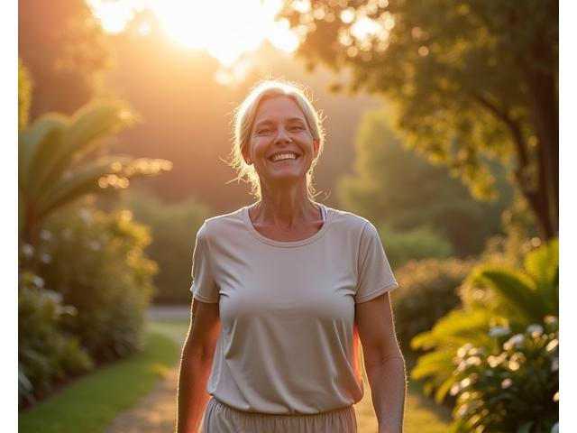 Woman enjoying a serene morning walk in nature, symbolizing lifestyle transformation