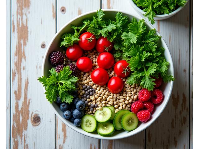 Vibrant, fresh bowl of greens, berries, and nuts, representing optimal nutrition