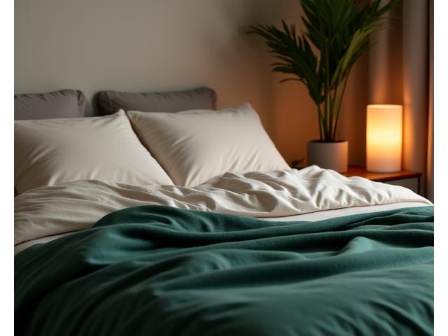 Comfortable, inviting bed in a dimly lit room, suggesting sleep optimization