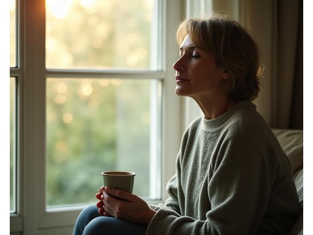 Person meditating peacefully by a window, emphasizing stress reduction