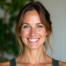 Portrait of Elara Vance, smiling yoga instructor