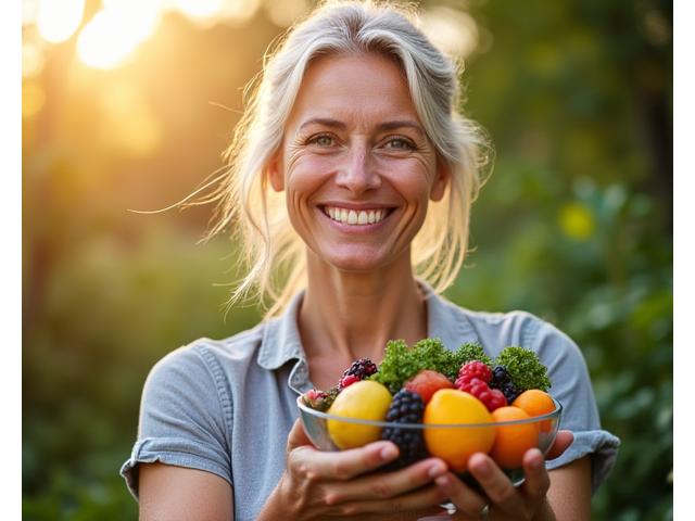 Healthy and vibrant senior woman holding a bowl of fresh fruit and vegetables with a warm, natural light