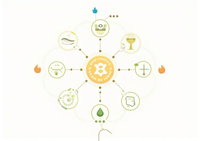 Abstract infographic showing interconnected biological pathways and food as medicine concepts