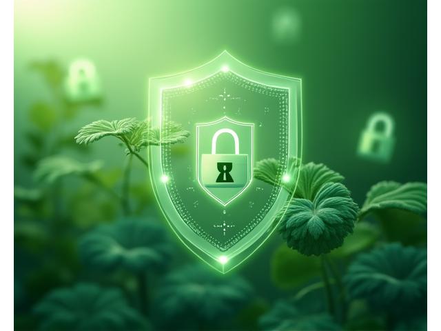 Abstract representation of data security and privacy, featuring interlocking shield-like shapes and digital lock icons, set against a verdant, secure background.