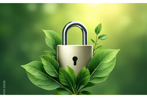 Illustration of a padlock integrated with leafy botanical elements, representing secure and organic data protection standards, bathed in soft green light.