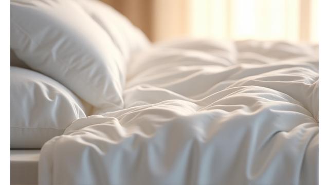 A plush, comfortable hybrid mattress with crisp white linens, inviting rest. Soft, warm lighting.