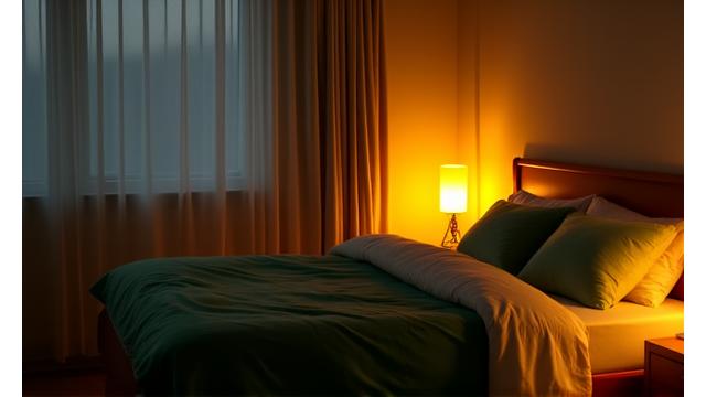 A tranquil bedroom with dim lighting, comfortable bedding, and minimal distractions, emphasizing a conducive sleep environment.