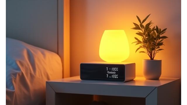 A sleek, minimalist smart alarm clock on a bedside table emitting a calming, soft light.