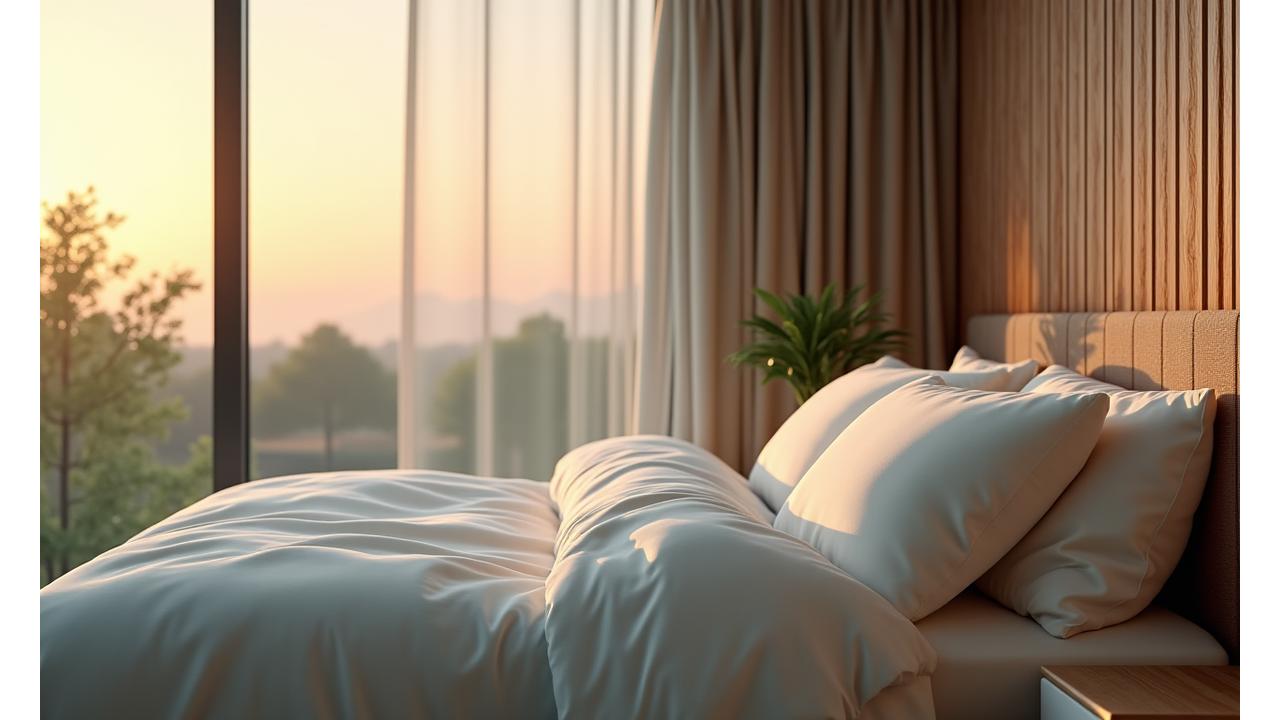 Serene bedroom at dusk with soft lighting, symbolizing restorative sleep