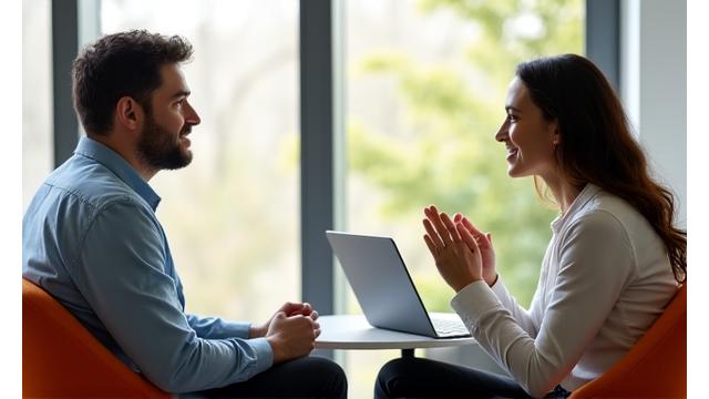 Image of an individual calmly discussing sleep with a professional coach in a bright, modern setting.