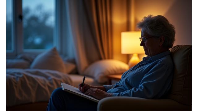 A person journaling or engaging in a calming activity before bed, illustrating CBT-I techniques.