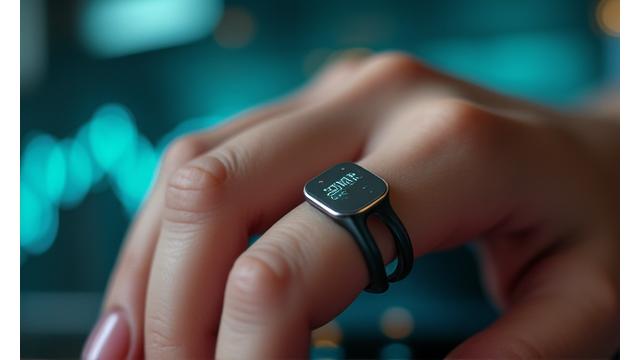 Detailed shot of a sleek, modern Oura Ring on a finger, with subtle biometric data graphics in the background.