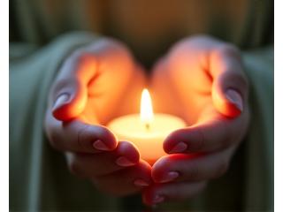 Serene image of hands cupped around a glowing light, symbolizing peace