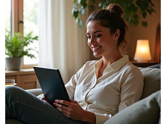 Woman participating in a virtual wellness workshop on a tablet, with a cup of tea and plants around her