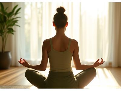 Person meditating peacefully in a tranquil natural setting at dawn