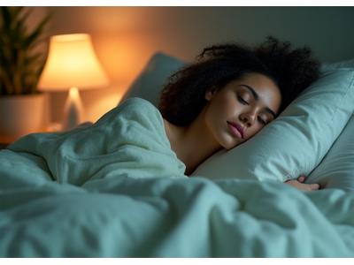 Calm bedroom scene with soft lighting and a person sleeping soundly